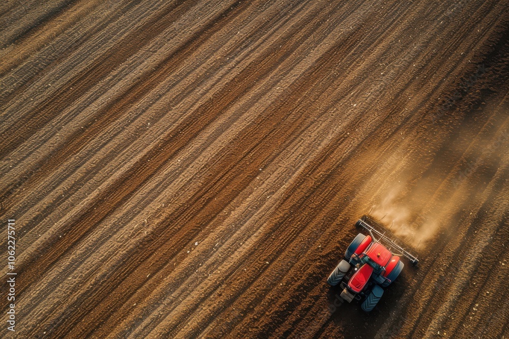 Aerial view of a tractor working in the fields Aerial view of a tractor working in the fields