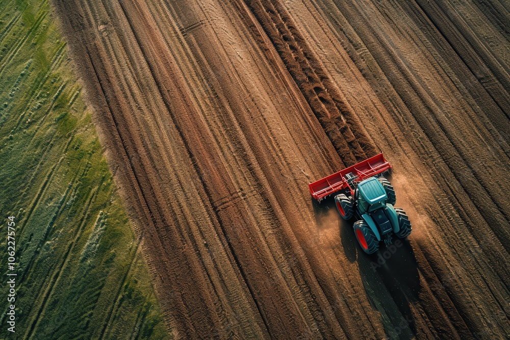 Aerial view of a tractor preparing the land for planting Aerial view of a tractor preparing the land for planting