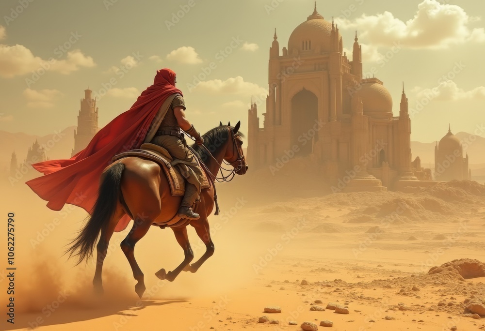 A horseman in a red cloak rides through dusty terrain near a majestic palace at sunset, capturing a moment of ancient adventure A horseman in a red cloak rides through dusty terrain near a majestic palace at sunset, capturing a moment of ancient adventure