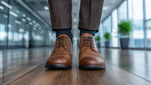 Feet of a businessman rushing in office corridor or open space because he is late to a meeting․