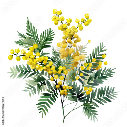 A watercolor vector of Mimosa flower, isolated on a white background.