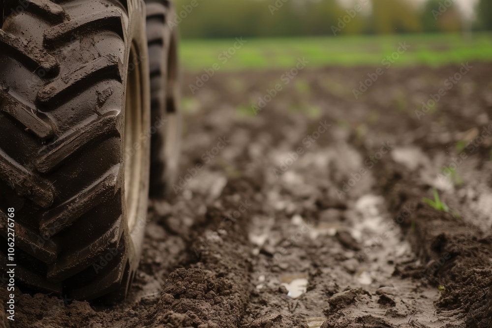 close-up of muddy wheel in agricultural landscape close-up of muddy wheel in agricultural landscape