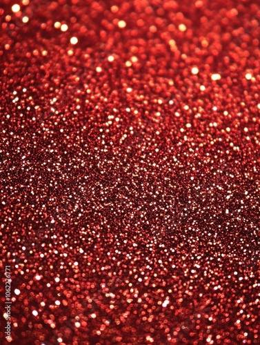 Red christmas glitter background with stars. Festive glowing blurred texture.