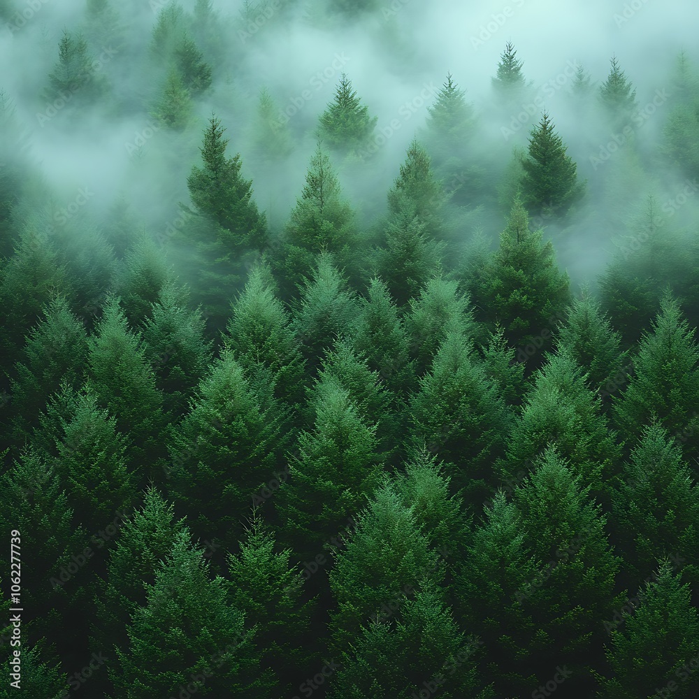 Obraz premium Green canopy blanketed by soft, drifting fog