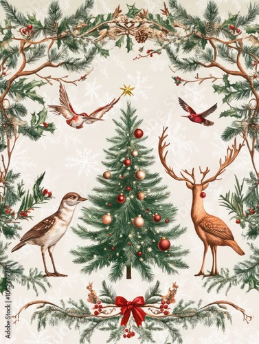 Traditional Corporate Holiday cards with Christmas tree, reindeers, birds, ornate floral frames, background and copy space. Universal artistic templates.