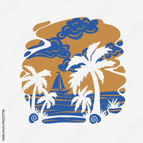Palms and sailboat 3D layered paper cut style. Seascape vector illustration. Palms silhouette Shadow box eps. Travel concept vector layout template for greeting card, poster, invitation