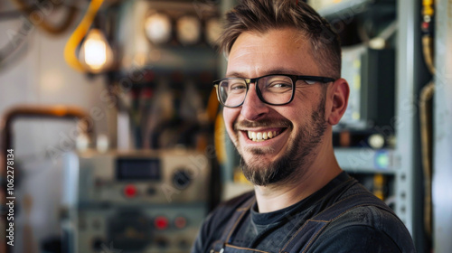 Caucasian male electrician with a mustache smiling at the camera, standing by a technical control panel.