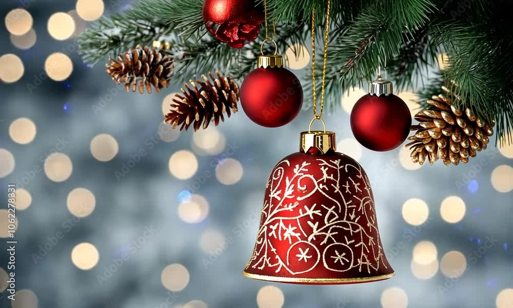 Celebrate the warmth of the holidays with festive decorations featuring a golden bell and ornaments hanging on a pine tree branch