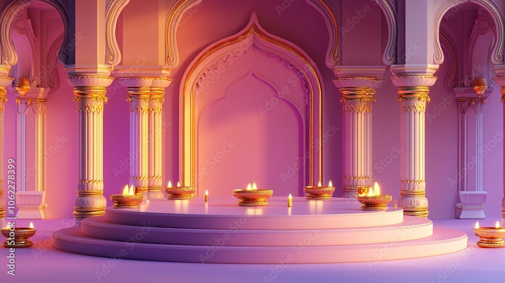 3D render of a podium with Indian architectural elements, set against a pink and purple background, with a Diwali theme. The platform features golden accents, candles,generative ai 3D render of a podium with Indian architectural elements, set against a pink and purple background, with a Diwali theme. The platform features golden accents, candles,generative ai
