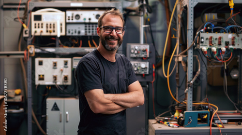 Caucasian male electrician smiling confidently in a technical lab, crossed arms, surrounded by electronic equipment.