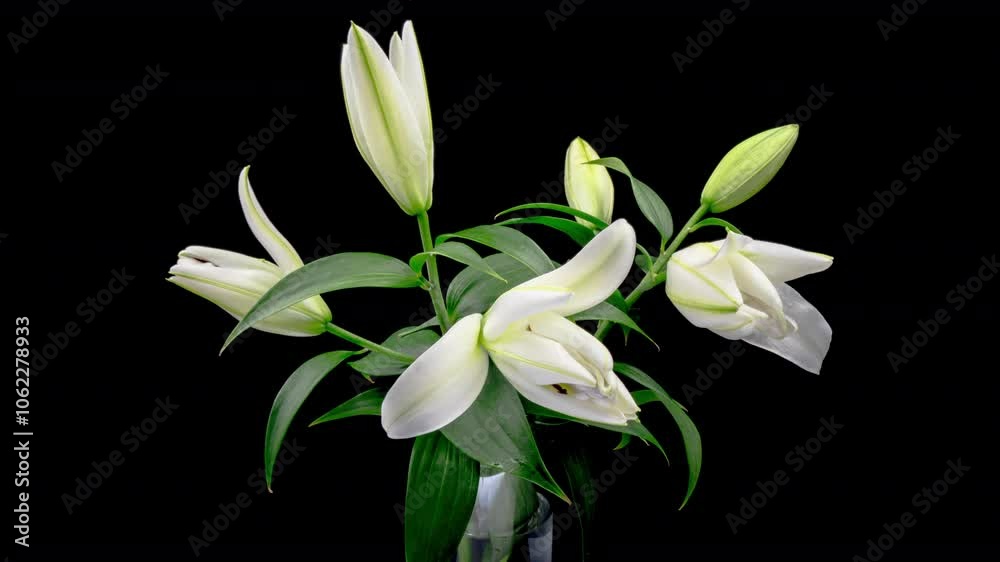 Beautiful white lily flowers on black background. Wedding, Valentines Day, Mothers Day concept. Holiday, love, birthday design backdrop