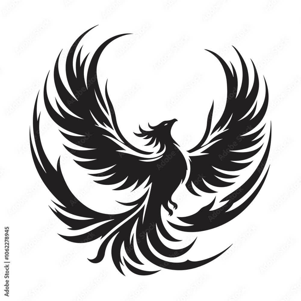 Obraz premium Phoenix rising Silhouette vector black color and solid white background