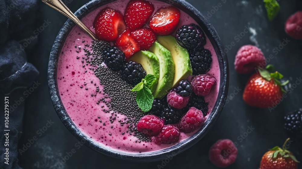 A creamy probiotic smoothie bowl made with kefir, avocado, and mixed berries, topped with chia seeds for an extra boost of gut-healthy probiotics and fiber, perfect for breakfast or a mid-day snack