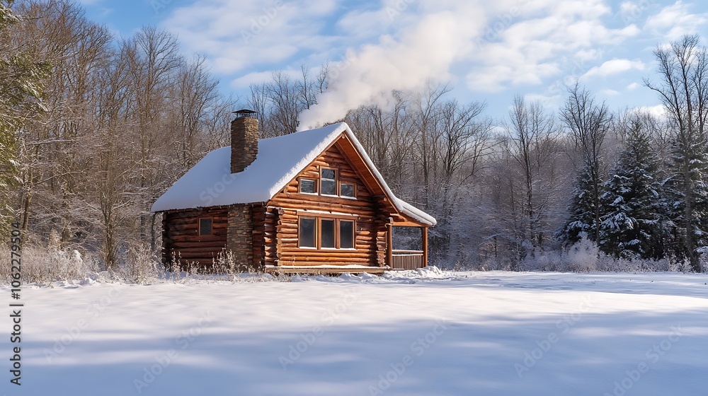 Winter cabin with smoke coming from the chimney Winter cabin with smoke coming from the chimney
