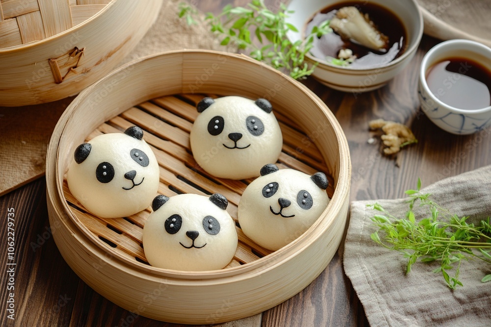 4 steamed buns of the same size, in a cute panda shape, need to have a dough-like appearance and are stored on a simple dining table. generative ai 4 steamed buns of the same size, in a cute panda shape, need to have a dough-like appearance and are stored on a simple dining table. generative ai