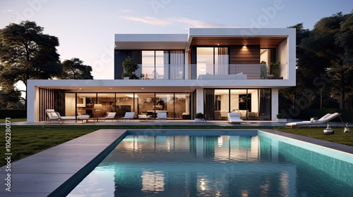 A modern house with a sleek pool, lounge chairs, and open lawn under the soft glow of dusk, perfect for luxury real estate ads, architectural portfolios, design magazines, and social media photo