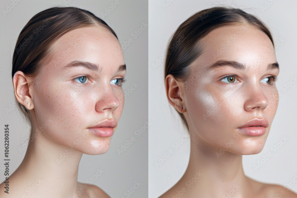 Portrait Caucasian woman showcasing natural skin textures, young women with freckles Portrait Caucasian woman showcasing natural skin textures, young women with freckles