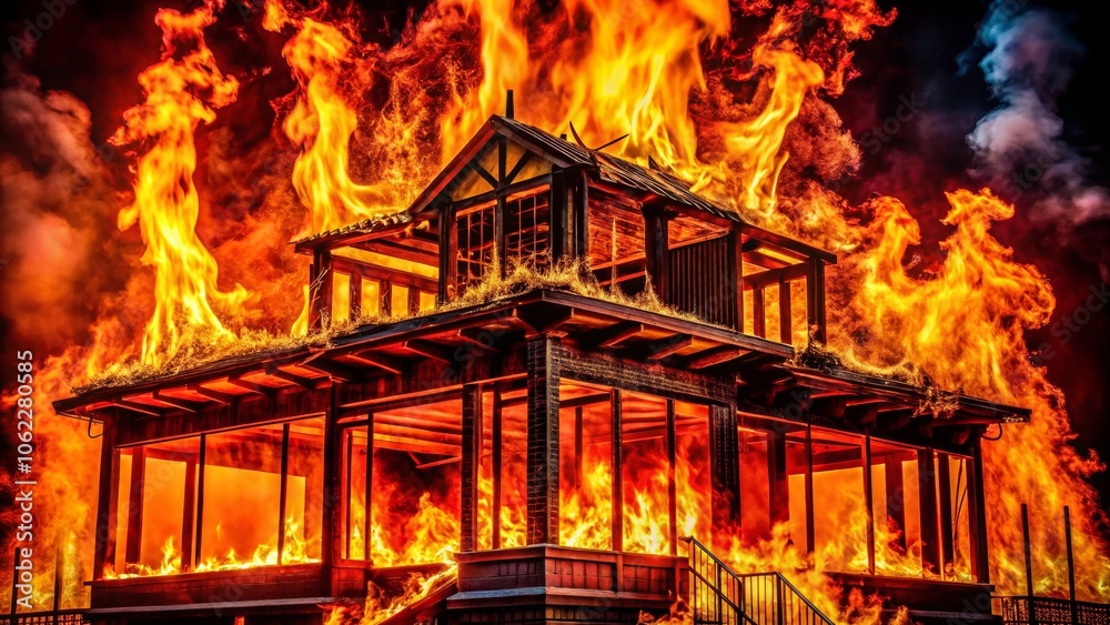 Intense Blaze Consumes Wooden Structure in Dark Setting Intense Blaze Consumes Wooden Structure in Dark Setting
