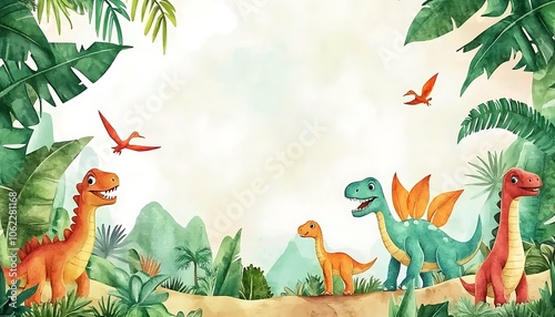 Fototapeta Naklejka Na Ścianę i Meble -  Cartoon dinosaur frame border in a watercolor style, designed for playful backgrounds.