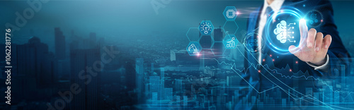 Machine Learning: Algorithms, data analysis, predictive modeling, automation, artificial intelligence, data mining, Businessman touch machine learning network, insights.
