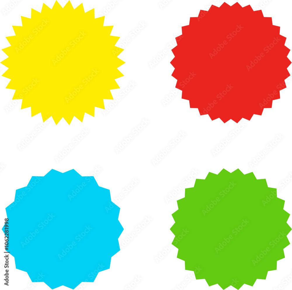 Different color starburst sunburst badges shapes, sticker set vector. Collection of special offer sale oval and round shaped sunburst labels and badges. Promo stickers with star edges. Different color starburst sunburst badges shapes, sticker set vector. Collection of special offer sale oval and round shaped sunburst labels and badges. Promo stickers with star edges.