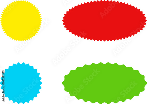 Different color starburst sunburst badges shapes, sticker set vector. Collection of special offer sale oval and round shaped sunburst labels and badges. Promo stickers with star edges.