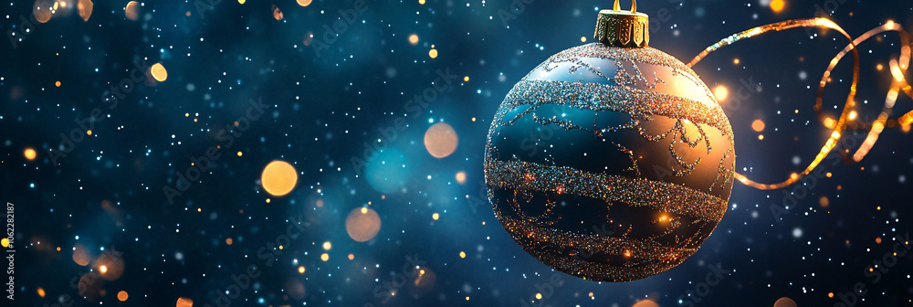 Fototapeta premium Christmas Ornament Shaped Like a Planet, Floating in Space with Tinsel Rings and Twinkling Starry Lights 