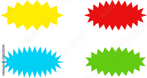 Different color starburst sunburst badges shapes, sticker set vector. Collection of special offer sale oval and round shaped sunburst labels and badges. Promo stickers with star edges. photo