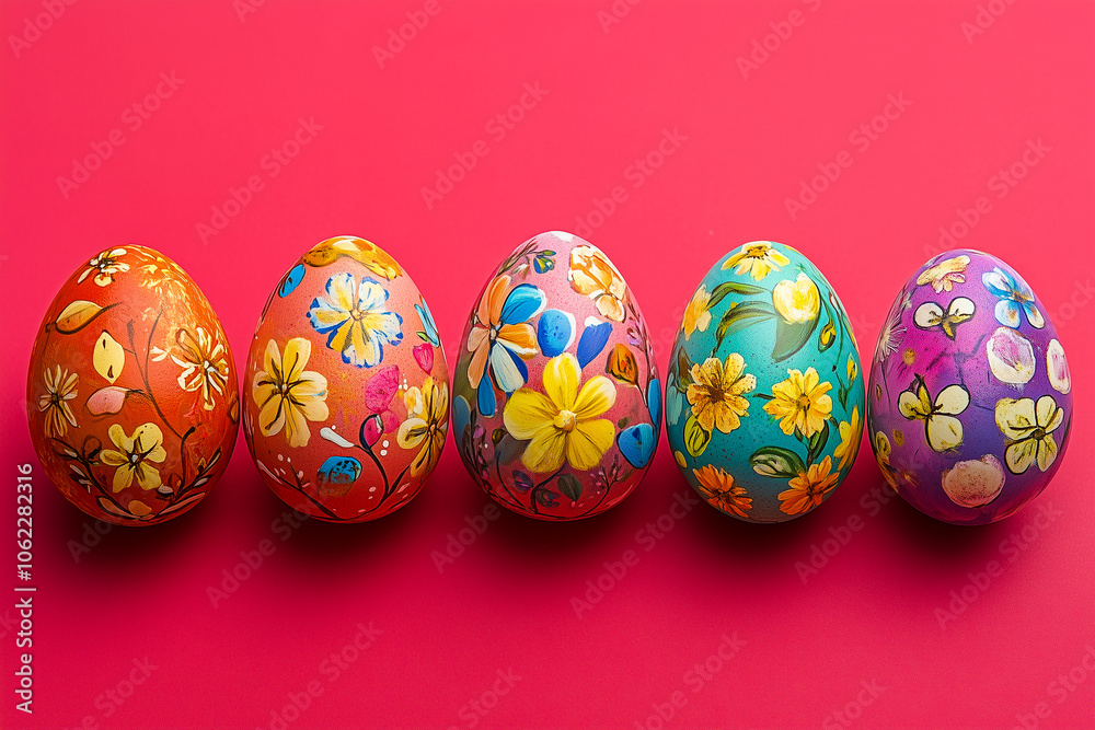 Handmade decorated Easter eggs on red background Handmade decorated Easter eggs on red background