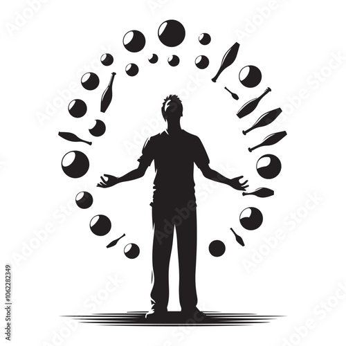 Street performer juggling silhouette vector art black color design and solid white background 