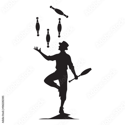 Street performer juggling silhouette vector art black color design and solid white background 