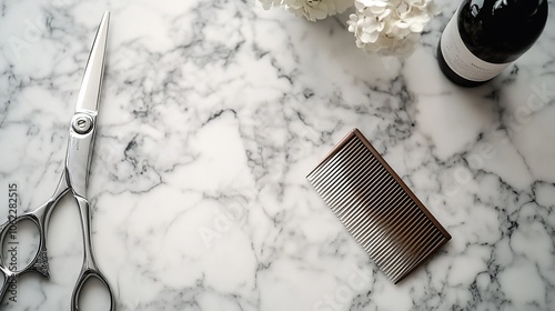 Flat lay of barber tools on a marble surface.