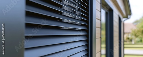 Close-up of an aluminum electric roller shutter on a newly built home.