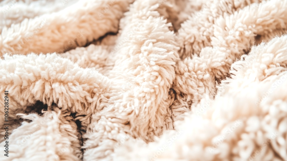 Close-up of a soft, fluffy beige textile texture, highlighting cozy and warm fabric fibers in a relaxed, inviting setting Close-up of a soft, fluffy beige textile texture, highlighting cozy and warm fabric fibers in a relaxed, inviting setting