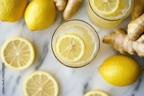 A zesty probiotic lemonade made with freshly squeezed lemons, fermented ginger, and a hint of stevia, offering a fizzy, gut-friendly beverage that boosts digestion and refreshes photo