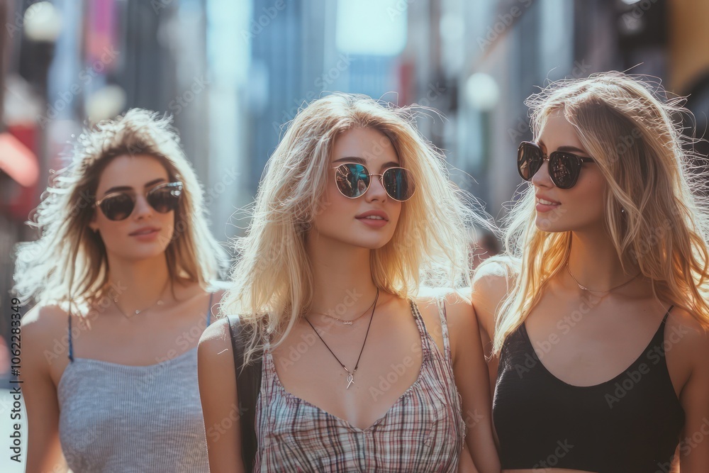 Young trendy women enjoying a day out shopping in a bustling urban setting Young trendy women enjoying a day out shopping in a bustling urban setting