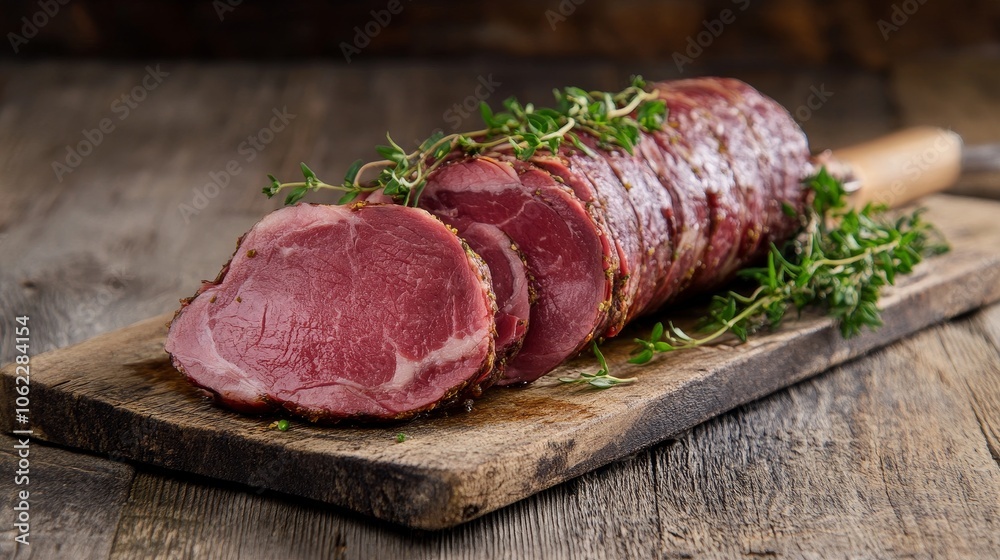 Sliced smoked meat with herbs on a wooden cutting board, showcasing rich flavor and rustic charm. Perfect for charcuterie boards, appetizers, or main courses. Sliced smoked meat with herbs on a wooden cutting board, showcasing rich flavor and rustic charm. Perfect for charcuterie boards, appetizers, or main courses.