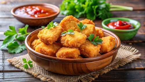 A bowl of crispy and golden chicken nuggets garnished with parsley, served with ketchup for a delightful snack or appetizer. 