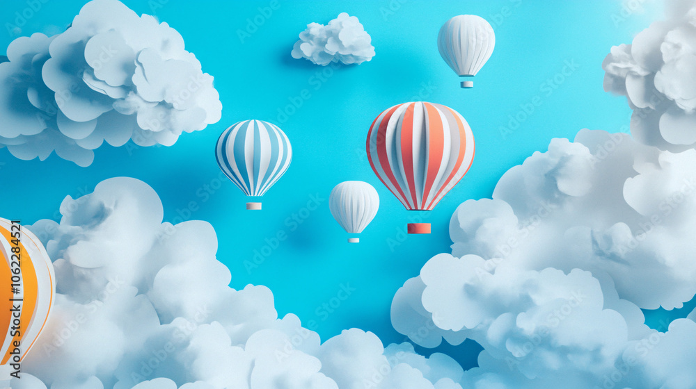 Colorful hot air balloons floating through a sky full of paper clouds, symbolizing adventure and dreams. Colorful hot air balloons floating through a sky full of paper clouds, symbolizing adventure and dreams.