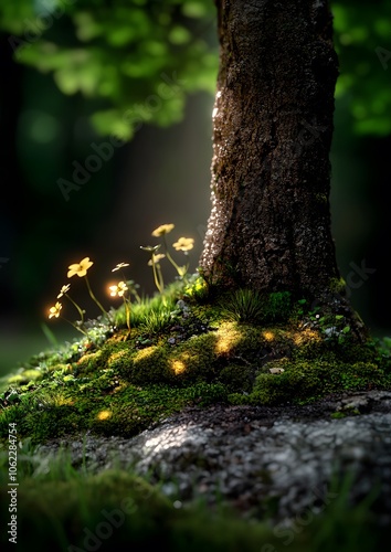 Tiny yellow flowers bloom at the base of a tree.