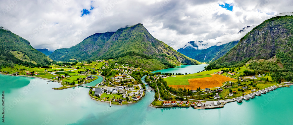 Luftbild Panorama von Skjolden in Norwegen am Sognefjordord