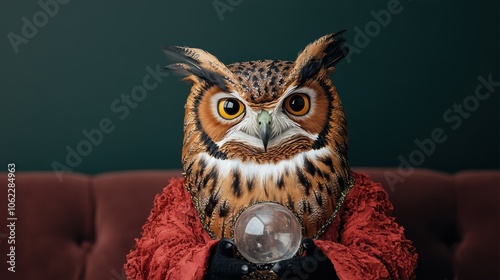 Owl Dressed as a Fortune Teller Holding a Crystal Ball