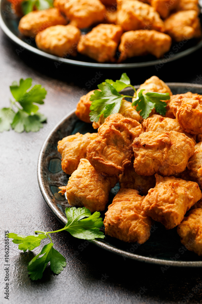 Homemade crispy fried chicken nuggets served with ketchup