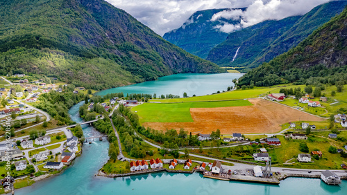 Obraz na płótnie Luftbild Panorama von Skjolden in Norwegen am Sognefjord w salonie
