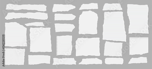 Set of torn white note paper pieces, lined paper are on grey squared background for text, notes or ad.