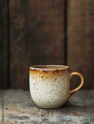 A simple yet elegant ceramic coffee cup sits on a rustic wooden surface, ready for a morning pick-me-up. The cup symbolizes the start of the workday, a moment of peace before the rush, and the simple 