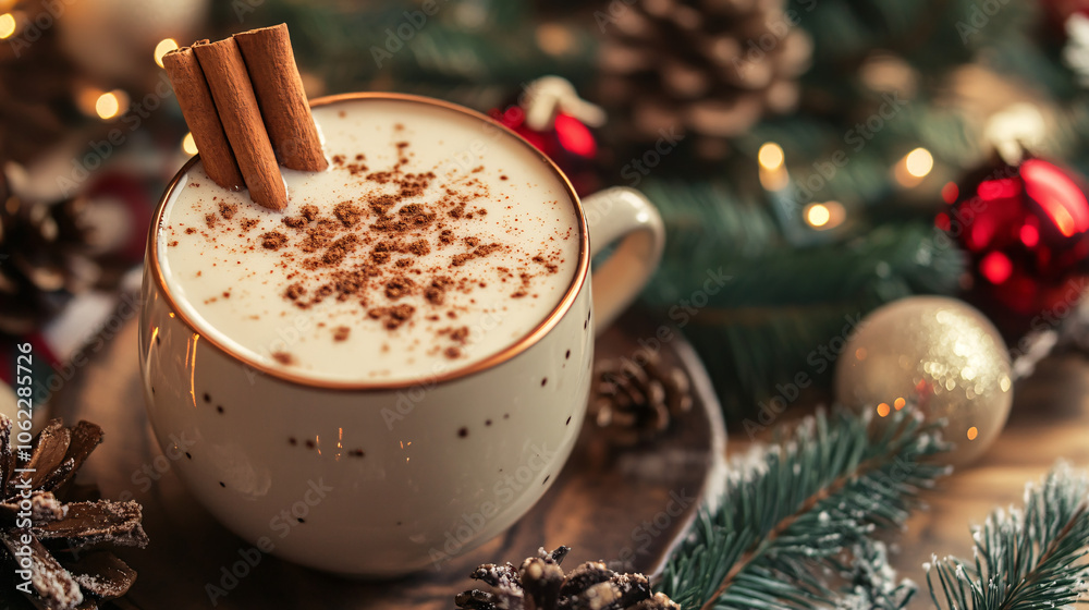 Cup of Eggnog Overflowing with Cinnamon Sticks, Floating Over a Festively Decorated Table Cup of Eggnog Overflowing with Cinnamon Sticks, Floating Over a Festively Decorated Table