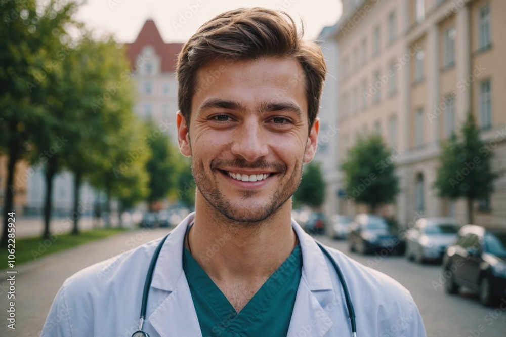 Close portrait of a smiling young Hungarian man doctor looking at the camera, Hungarian hospital blurred background Close portrait of a smiling young Hungarian man doctor looking at the camera, Hungarian hospital blurred background