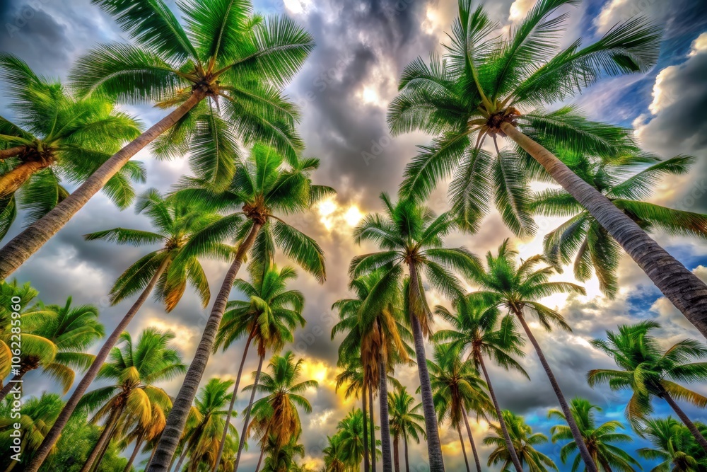 Dramatic View of Lush Palm Trees Under Cloudy Skies Dramatic View of Lush Palm Trees Under Cloudy Skies