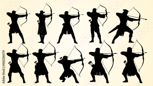 Silhouettes of archers in various stances, drawing bows and aiming arrows.